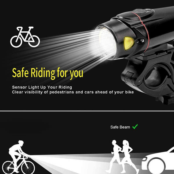 Autobag Bike Light Set, USB Smart Sensor Headlight Waterproof Runtime 10+ Hrs Super Bright Rechargeable Front Lights 350 LM Increase Visibility Safety and Tail Light, 4 Light Mode for Fits All Bicycle