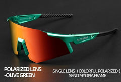 Polarized sunglasses with green frame and orange lens on a dark background