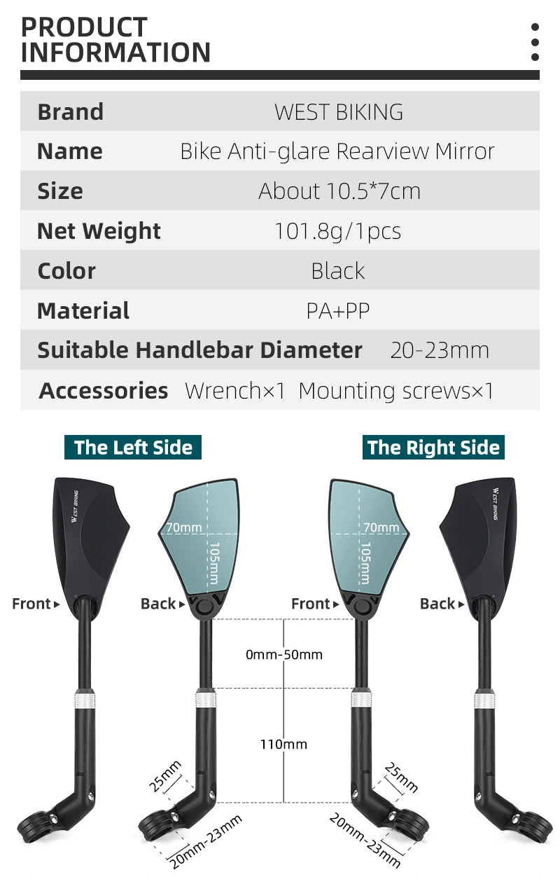 WEST BIKING Anti-Glare Bicycle Handlebar Rear View Mirror