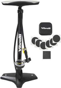 Vibrelli Bike Floor Pump with Gauge - High Pressure 160 PSI - Presta Valve Bike Pump Automatically Switches to Schrader - Bicycle Pump Comes with Glueless Puncture Kit