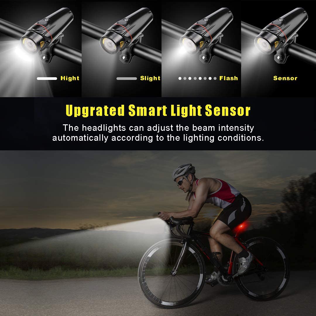 Autobag Bike Light Set, USB Smart Sensor Headlight Waterproof Runtime 10+ Hrs Super Bright Rechargeable Front Lights 350 LM Increase Visibility Safety and Tail Light, 4 Light Mode for Fits All Bicycle