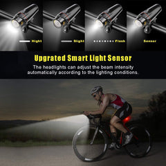 Autobag Bike Light Set, USB Smart Sensor Headlight Waterproof Runtime 10+ Hrs Super Bright Rechargeable Front Lights 350 LM Increase Visibility Safety and Tail Light, 4 Light Mode for Fits All Bicycle