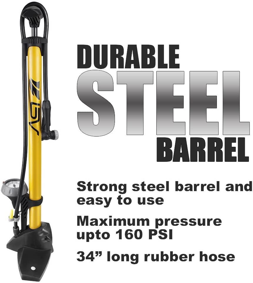 BV Bicycle Ergonomic Bike Floor Pump with Gauge & Smart Valve Head, 160 psi, Automatically Reversible Presta and Schrader