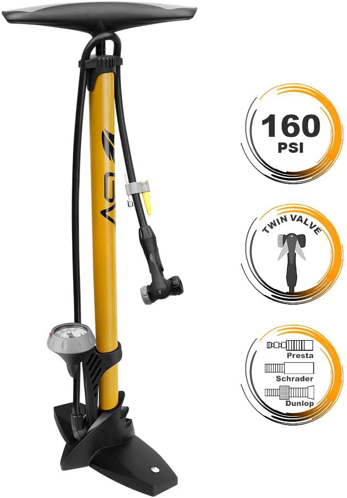 BV Bicycle Ergonomic Bike Floor Pump with Gauge & Smart Valve Head, 160 psi, Automatically Reversible Presta and Schrader