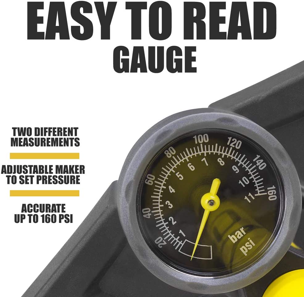 BV Bicycle Ergonomic Bike Floor Pump with Gauge & Smart Valve Head, 160 psi, Automatically Reversible Presta and Schrader