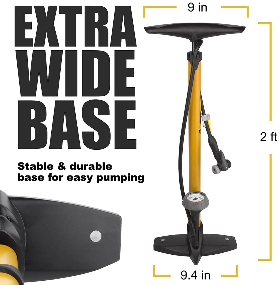 BV Bicycle Ergonomic Bike Floor Pump with Gauge & Smart Valve Head, 160 psi, Automatically Reversible Presta and Schrader