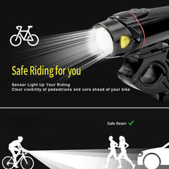 Autobag Bike Light Set, USB Smart Sensor Headlight Waterproof Runtime 10+ Hrs Super Bright Rechargeable Front Lights 350 LM Increase Visibility Safety and Tail Light, 4 Light Mode for Fits All Bicycle