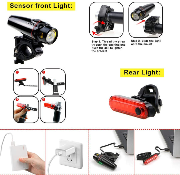 Autobag Bike Light Set, USB Smart Sensor Headlight Waterproof Runtime 10+ Hrs Super Bright Rechargeable Front Lights 350 LM Increase Visibility Safety and Tail Light, 4 Light Mode for Fits All Bicycle