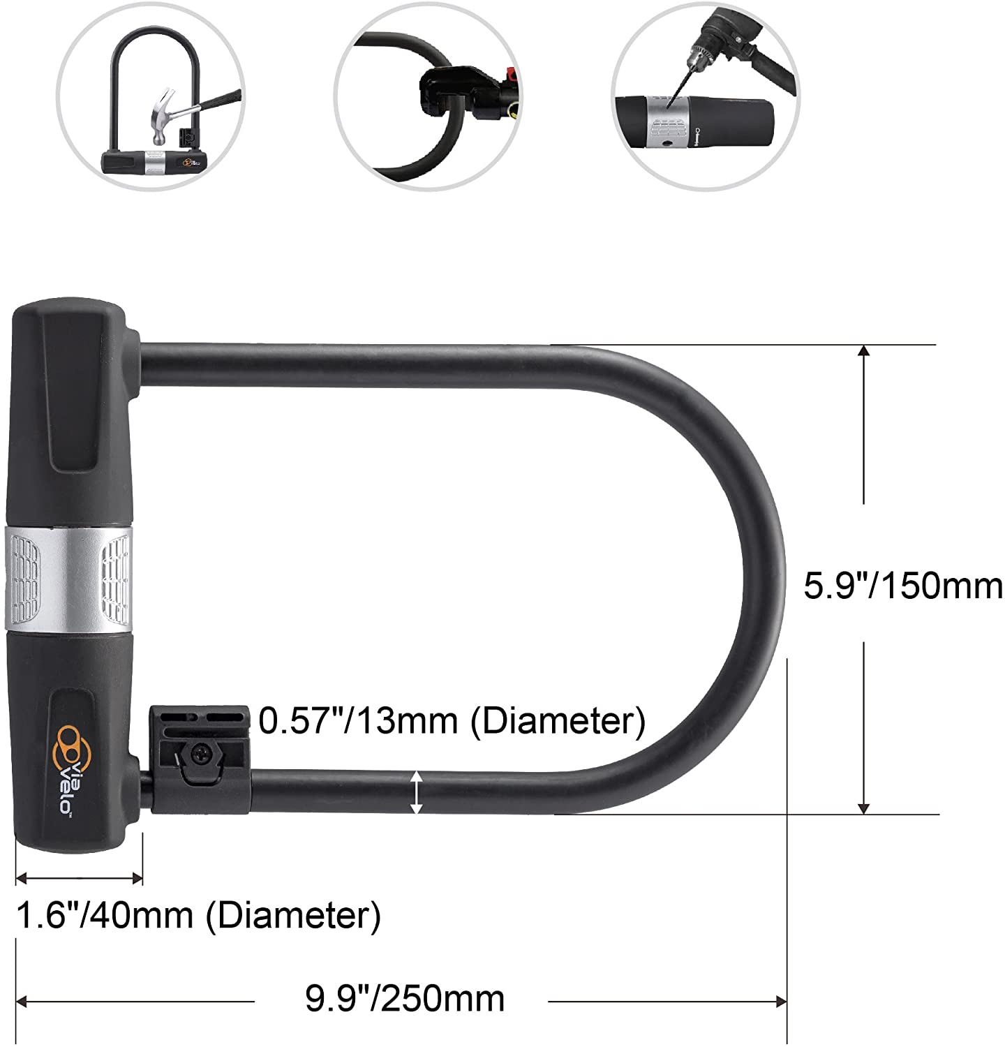 Bike U Lock with Cable - Via Velo Heavy Duty Bicycle U-Lock,14mm Shackle and 10mm x1.8m Cable with Mounting Bracket For Road Bike Mountain Bike Electric Bike Folding Bike, Great Bike Safety Tool