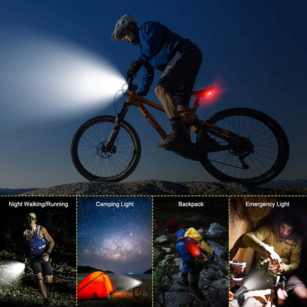 Autobag Bike Light Set, USB Smart Sensor Headlight Waterproof Runtime 10+ Hrs Super Bright Rechargeable Front Lights 350 LM Increase Visibility Safety and Tail Light, 4 Light Mode for Fits All Bicycle