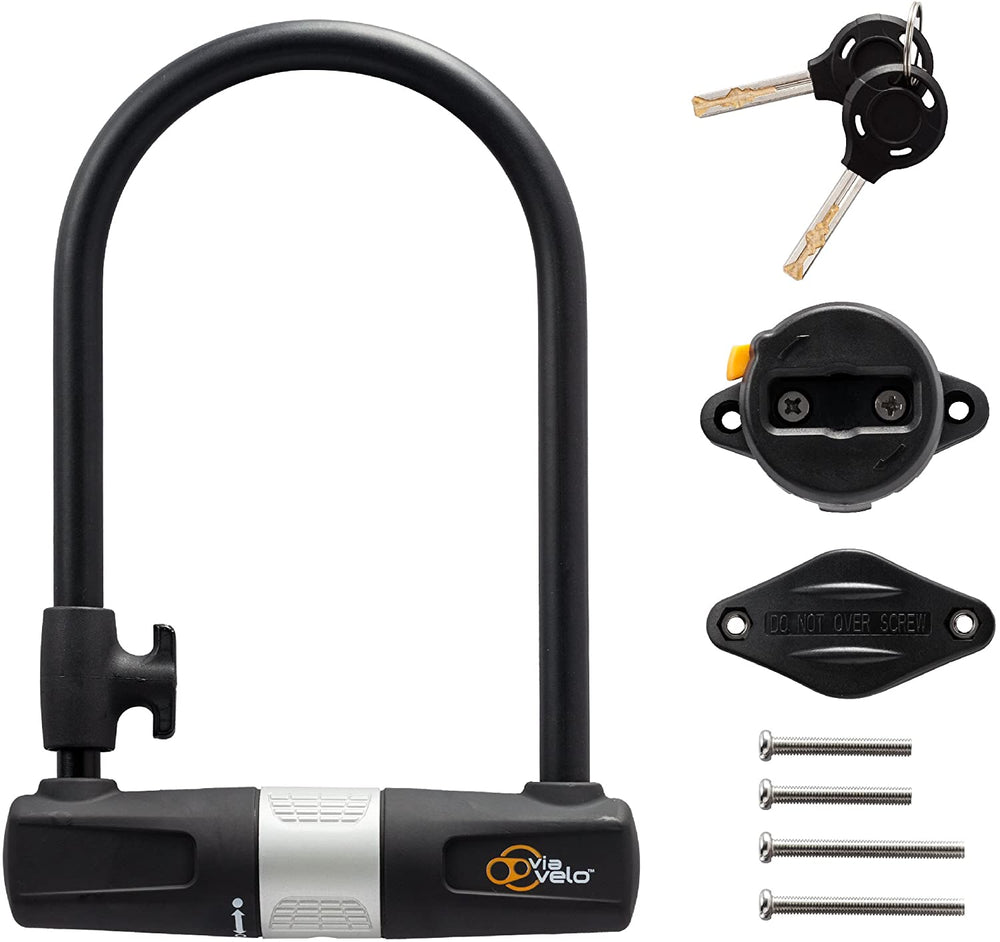 Bike U Lock with Cable - Via Velo Heavy Duty Bicycle U-Lock,14mm Shackle and 10mm x1.8m Cable with Mounting Bracket For Road Bike Mountain Bike Electric Bike Folding Bike, Great Bike Safety Tool