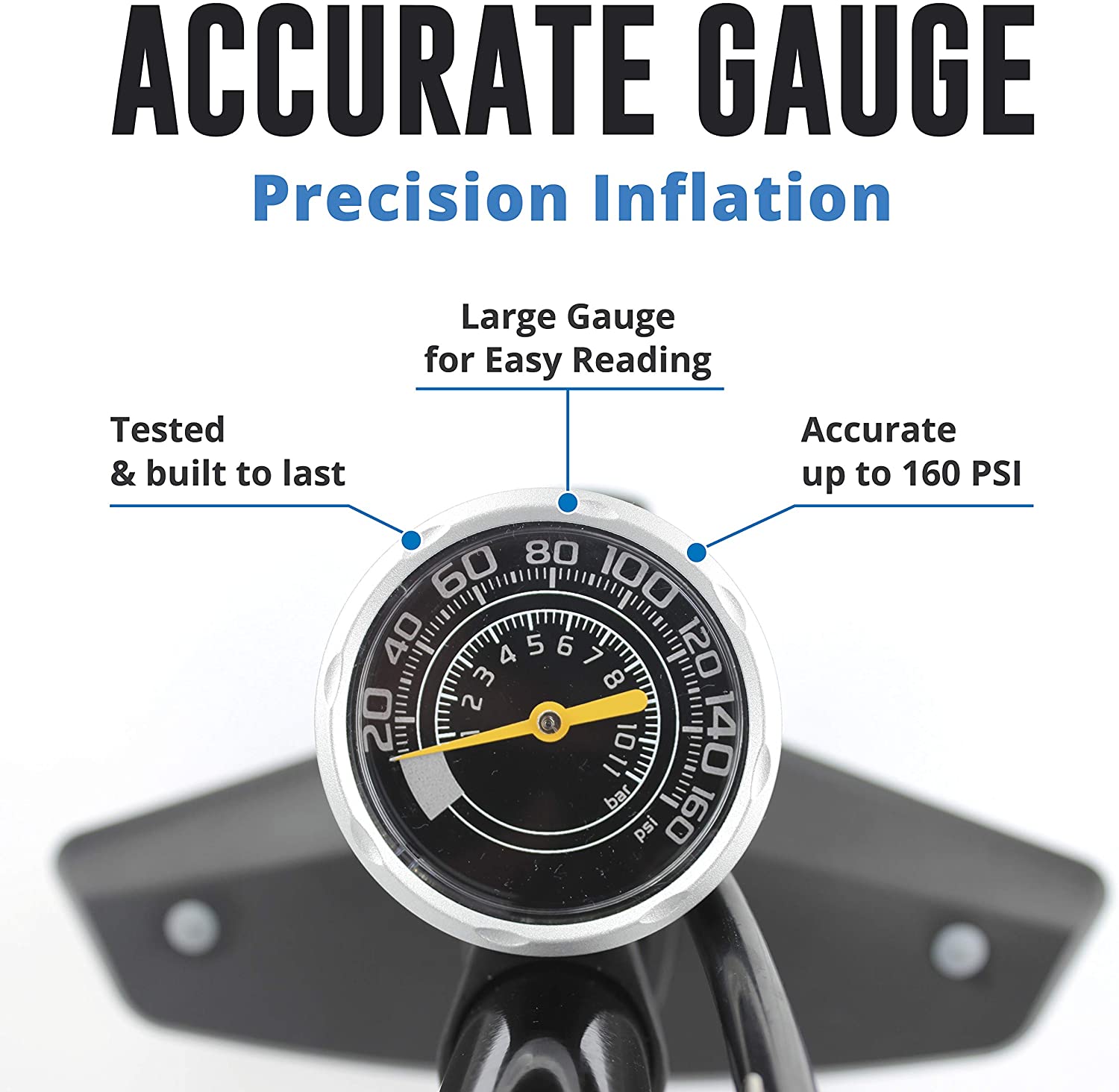 Vibrelli Bike Floor Pump with Gauge - High Pressure 160 PSI - Presta Valve Bike Pump Automatically Switches to Schrader - Bicycle Pump Comes with Glueless Puncture Kit