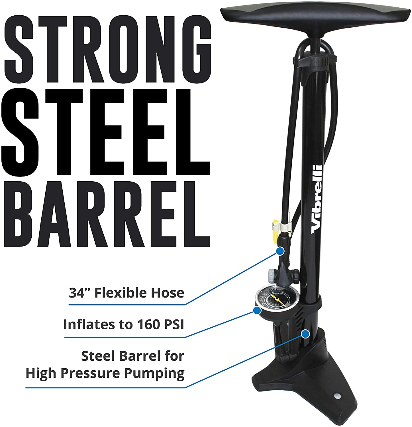 Vibrelli Bike Floor Pump with Gauge - High Pressure 160 PSI - Presta Valve Bike Pump Automatically Switches to Schrader - Bicycle Pump Comes with Glueless Puncture Kit